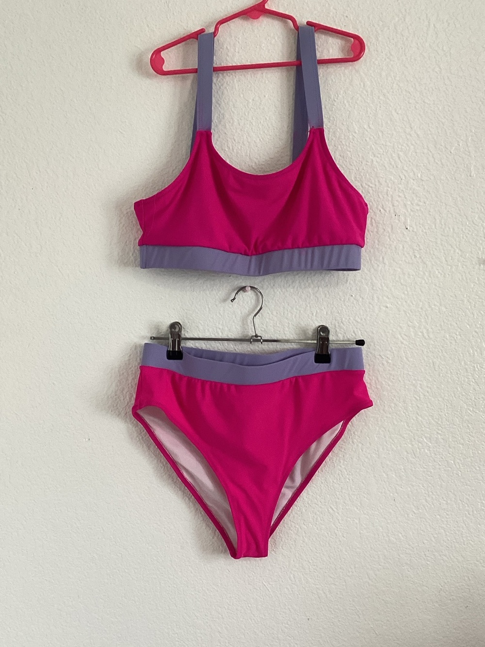 Colorblock High-Waist Bikini Set in Hot Pink and Lavender